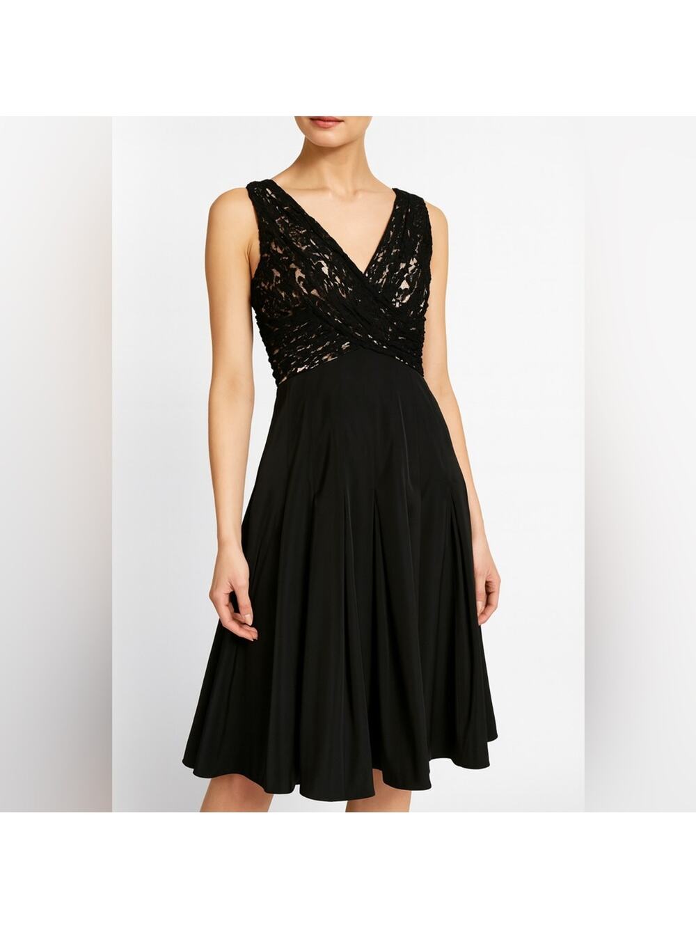 Adrianna Papell Women’s Sleeveless Black Lace Pleated Fit & Flare Cocktail Dress